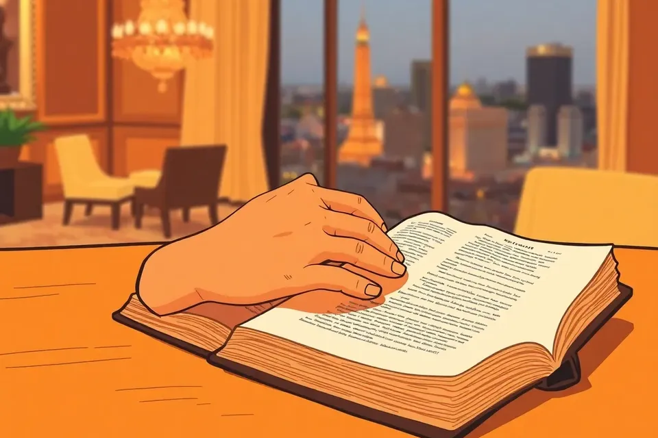 An open Bible on a wooden table with hands clasped in prayer, set against a softly blurred hotel lobby and a distant Bangkok skyline.