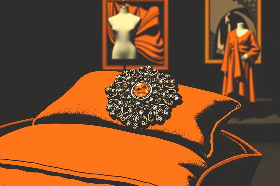 Close-up of an ornate brooch on a velvet cushion in a dimly lit exhibition space, with a blurred mannequin silhouette in the background.