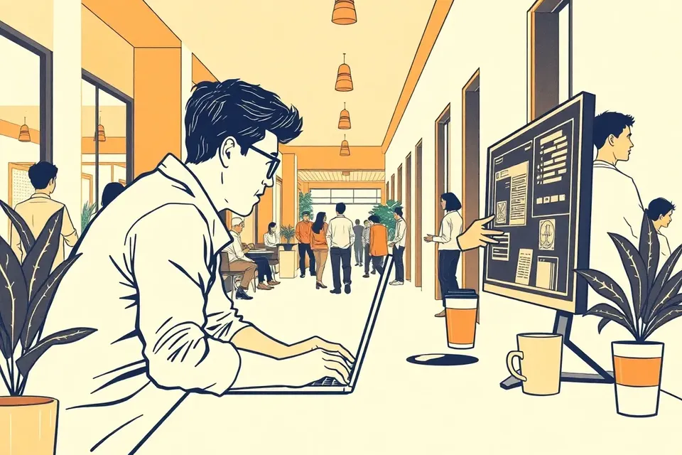 Two people at a table with a laptop, one pointing at the screen, in a bright, modern outdoor corridor with plants and café tables.