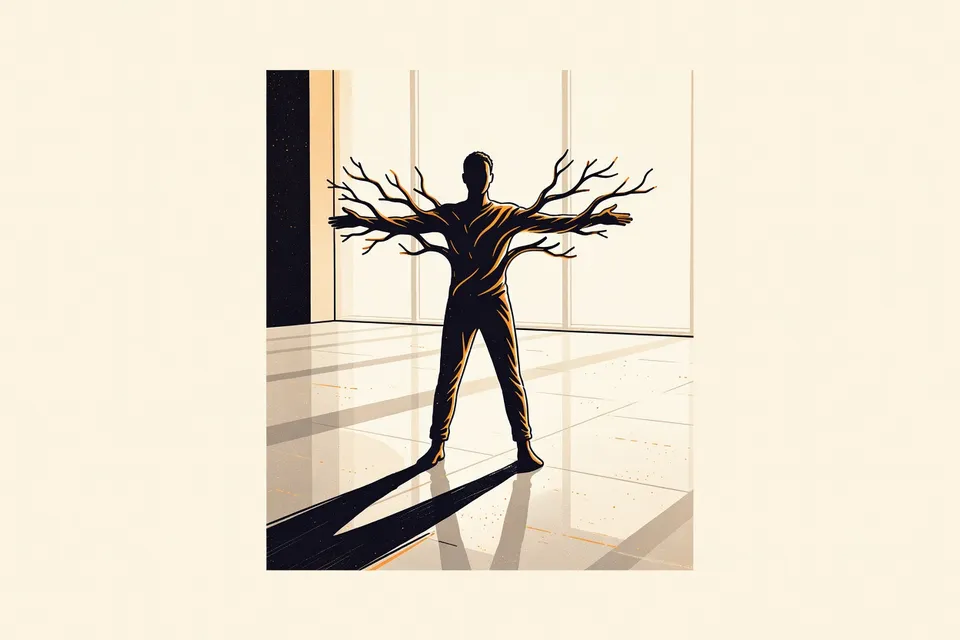 A person in a balanced yoga pose stands alone in a bright, modern hall with large windows, their shadow stretching across the floor.