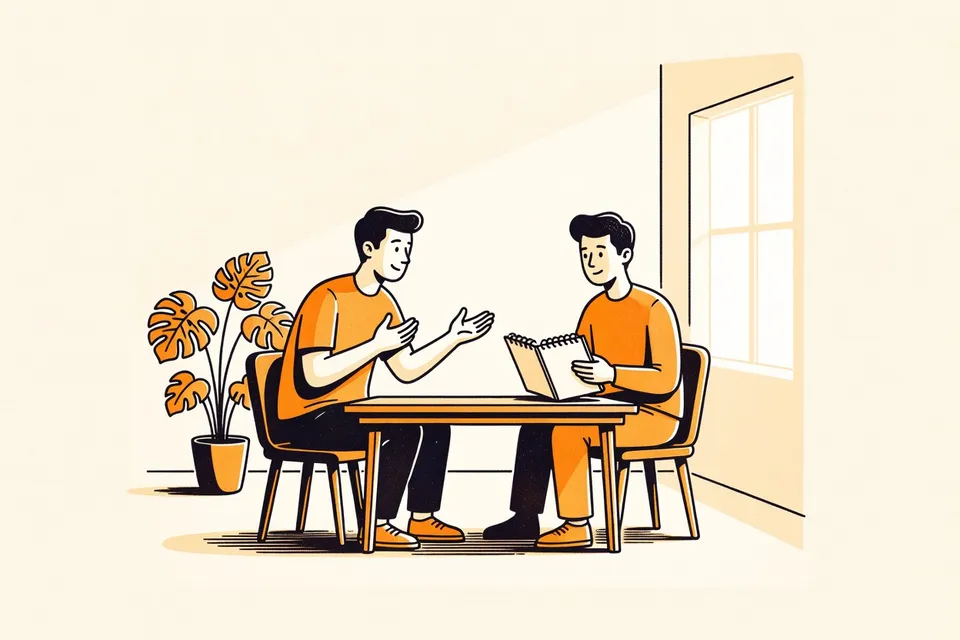 Two people sit across a low table in a bright room with white walls and a tall window. One gestures while speaking, the other listens with a notebook. A potted plant casts a shadow on the floor.
