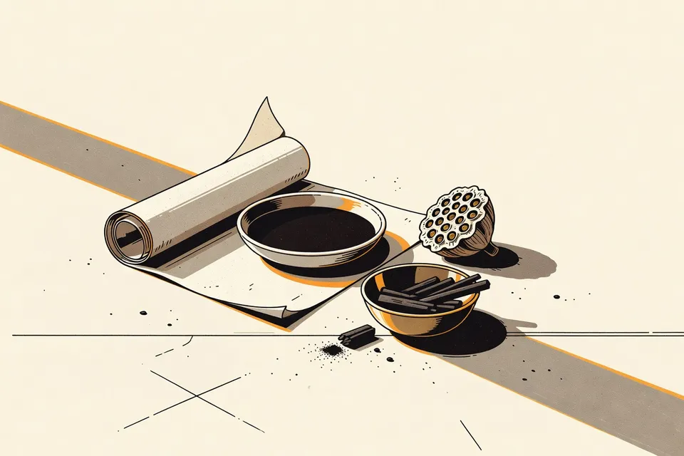 A still life arrangement on a polished concrete floor: a rolled paper scroll, a dish of ink, a dried lotus seed pod, and charcoal sticks in a brass bowl, with a beam shadow crossing the scene.