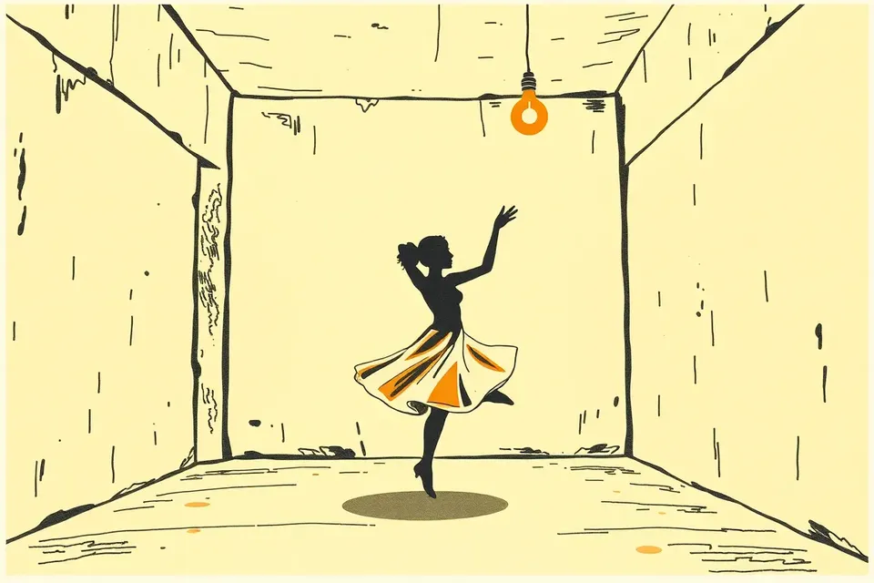 A stylized illustration of a dancer spinning in a dim, unfinished room with exposed concrete and a single hanging light bulb, capturing the raw energy of a new nightlife space.