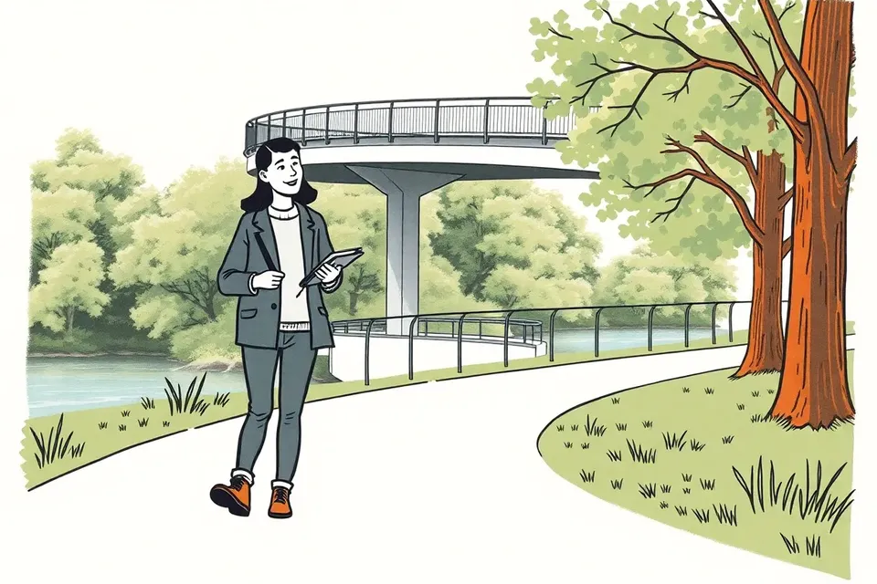 Two people walking together on a park path, one holding a notebook, with a curved walkway and lake in the background.