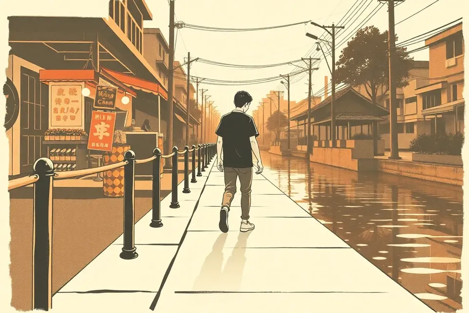 A solitary figure stands by a canal railing, with a flower market stall and a distant swing structure in the background, under warm evening light.