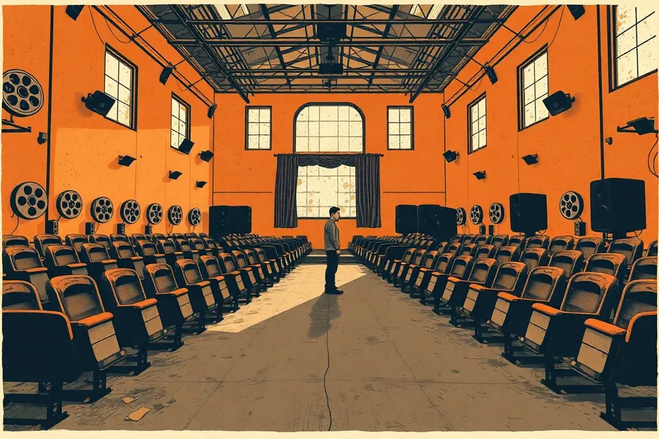 A wide shot of a large, dusty room with old film reels and theatre seats along the walls. In the center, a person stands among a maze of speakers and cables, with sunlight streaming through dirty windows.