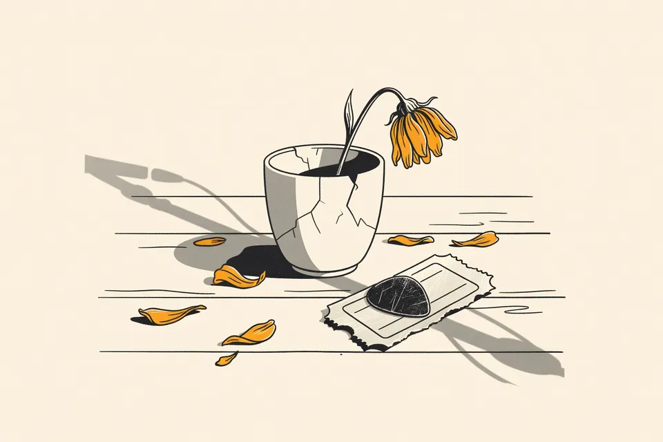 A still life with a cracked ceramic cup containing a wilting flower, scattered petals on a wooden table, a worn guitar pick, and a folded concert ticket stub with frayed edges. A shadow of a microphone stand is cast across the arrangement.