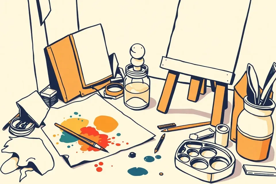 A still life arrangement on a wooden table; a palette with dried paint, a crumpled sketch, a brush in cloudy water jar.