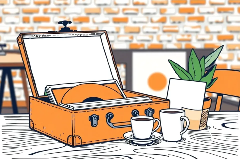 A still life of a DJ record crate filled with vinyl records on a wooden table, next to an espresso cup and a plant, with a blurred brick wall behind.