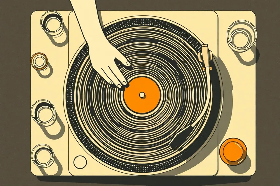 An overhead view of a turntable with hands preparing to play a vinyl record, surrounded by glasses and an ashtray on a cafe table, evoking a focused, intimate music session.