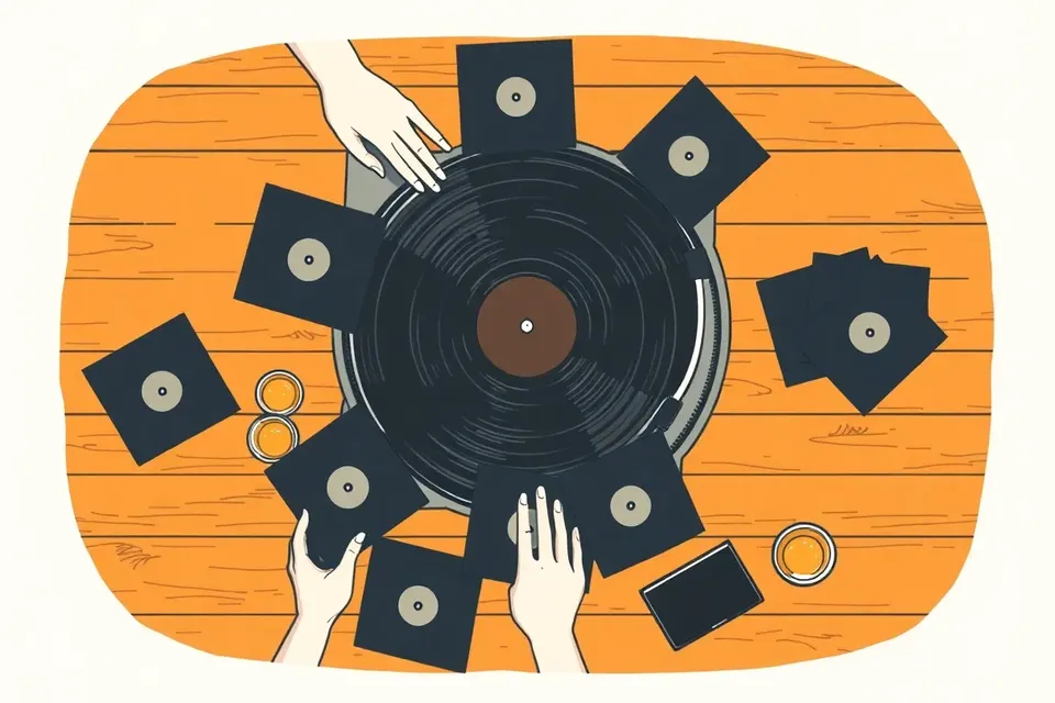 Overhead view of a vinyl record player on a wooden cafe floor, surrounded by hands holding record sleeves and scattered glasses.