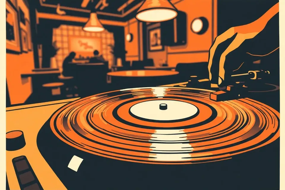 A vinyl record on a turntable with a stylus, illuminated by a warm light, in a cozy cafe setting with a DJ booth and patrons in the background.