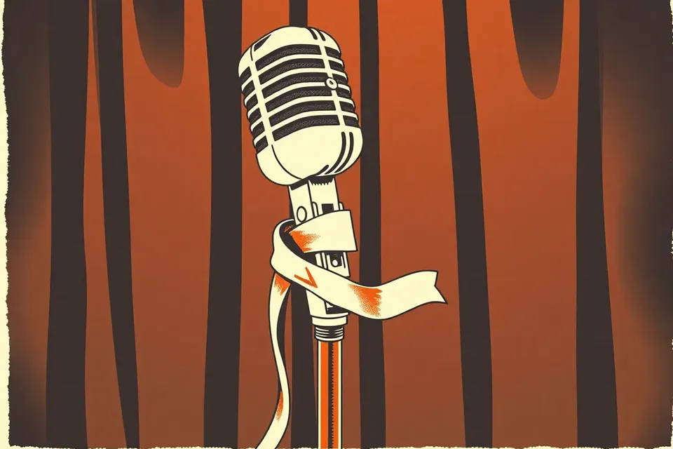 Close-up of a vintage microphone on a stand, wrapped with a faded red ribbon, against a dark velvet curtain with warm spotlight shadows.