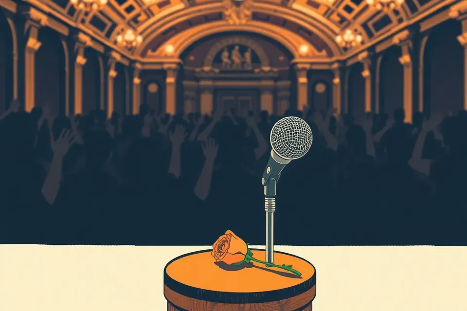 A vintage microphone on a stool with a red rose, stage lights glowing, audience silhouettes with raised hands in a dark, ornate hall.