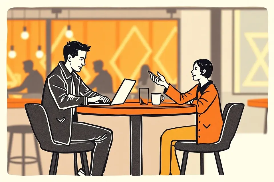 Two people at a bar table, one typing on a laptop, the other gesturing with a phone, with warm lights and a geometric pattern blurred in the background.