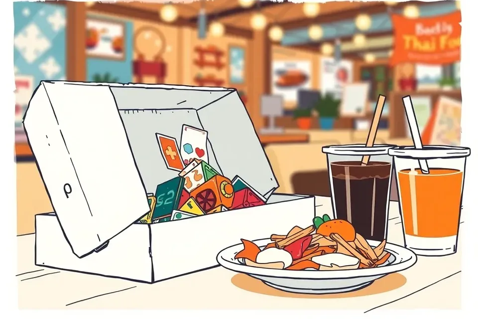 A close-up of a board game box with pieces spilling out, next to a plate of food and two drinks on a table, with blurred string lights in the background.