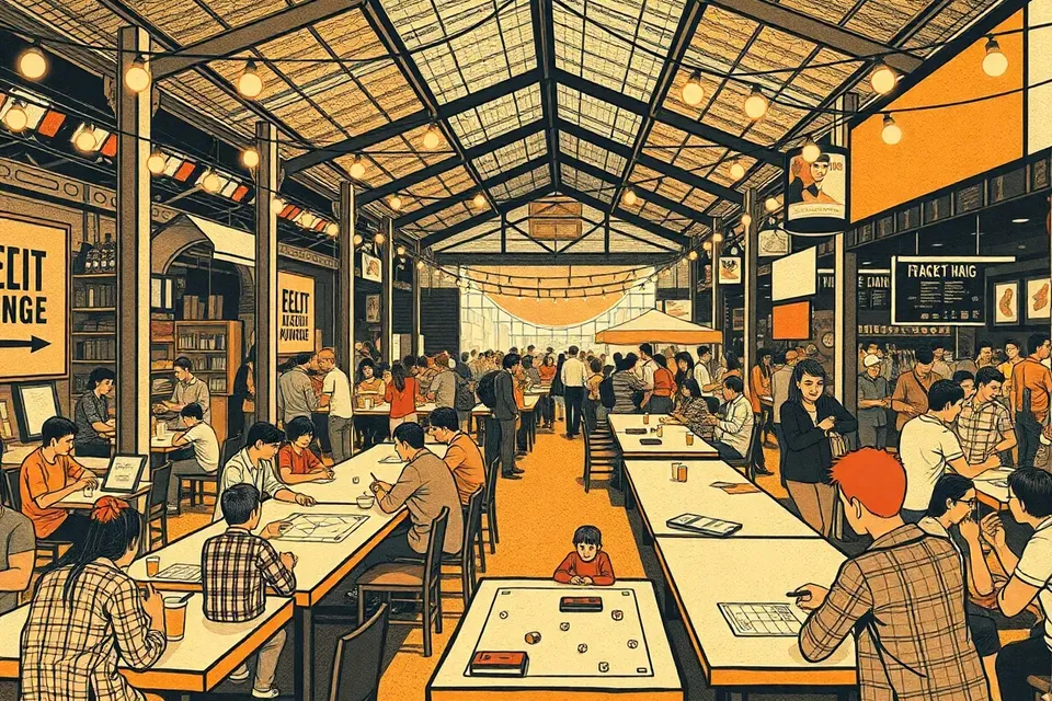 A wide view of a market's co-working area at night, with people playing board games at tables under string lights, creating a cozy, social atmosphere.