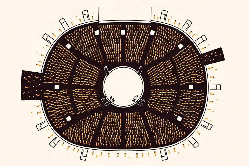 Overhead view of a dark arena filled with audience members holding up glowing phone lights, creating a starry pattern around a circular stage.