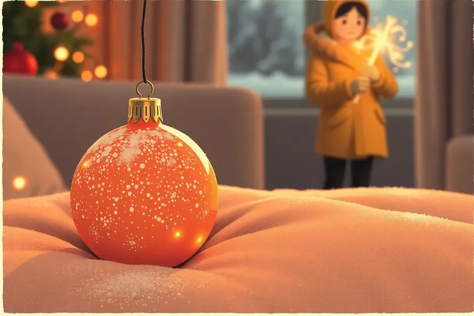 A close-up of a snow-dusted Christmas ornament on a velvet cushion, with a blurred figure holding a glowing light stick in the background.