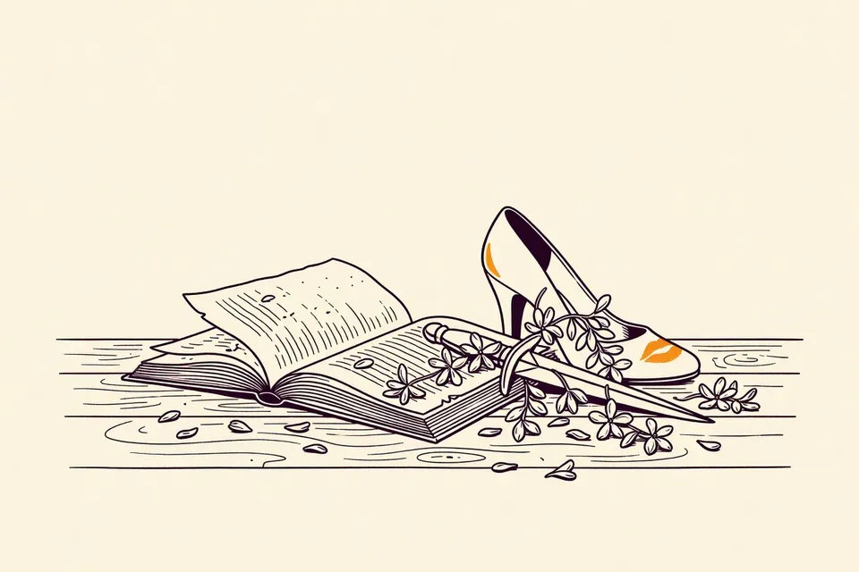 A still life arrangement on a dark wooden stage floor: an open script with curled pages, a high-heeled shoe with red lipstick on its sole, and a prop dagger draped with a wilted jasmine garland, petals scattered around.