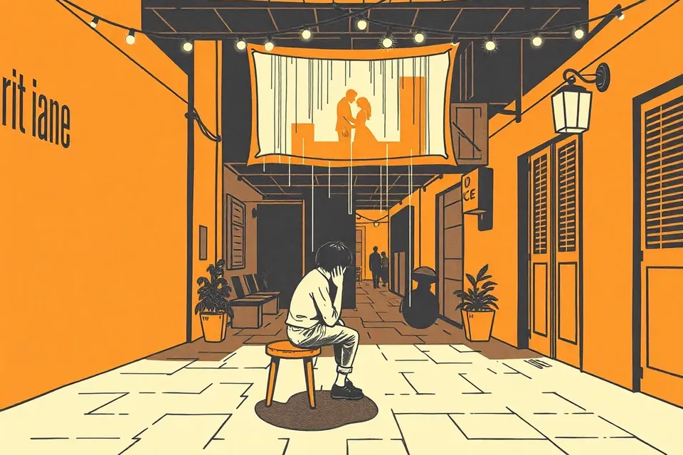A person sitting on a stool in a courtyard, looking up at a glowing screen showing a blurred image of a couple in an alley, with string lights and a shophouse cornice in the background.