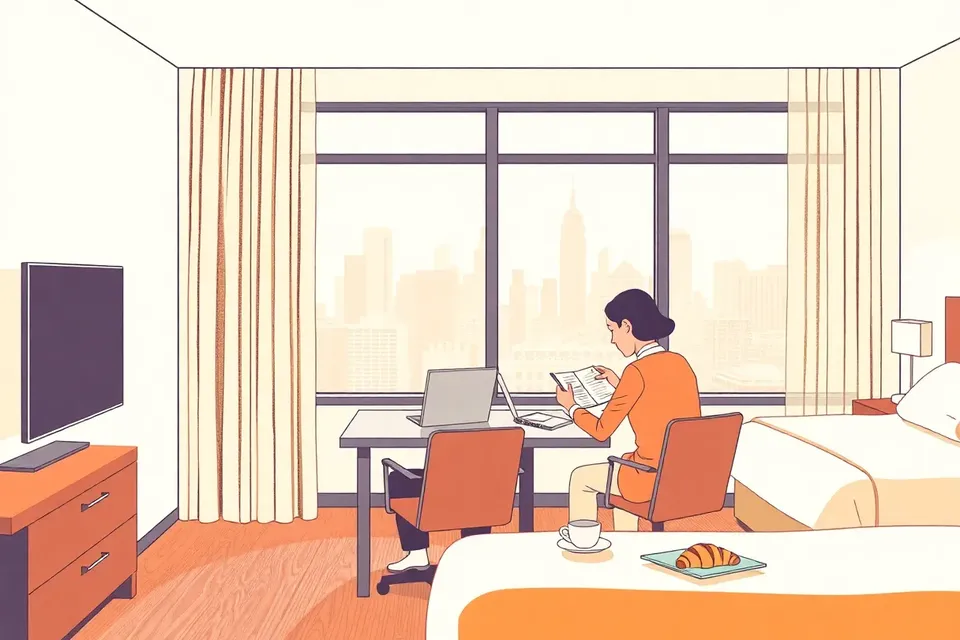 A bright hotel room with a city view, two people working at a desk with a laptop and documents, a coffee and pastry on the table, and a tidy bed in the background.