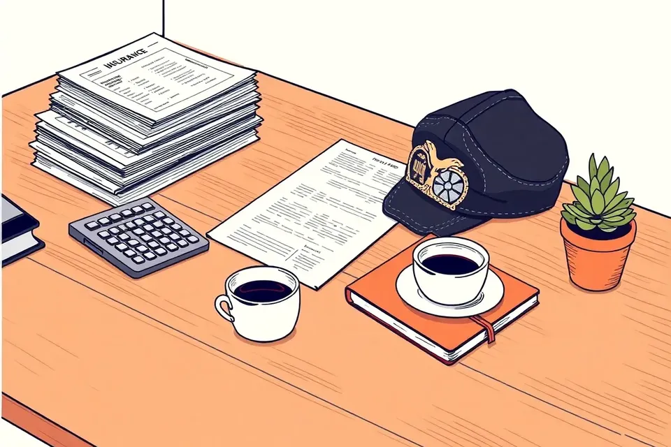 Still life illustration of a desk with insurance papers, calculator, pilot's cap, notebook, coffee cup, and succulent.
