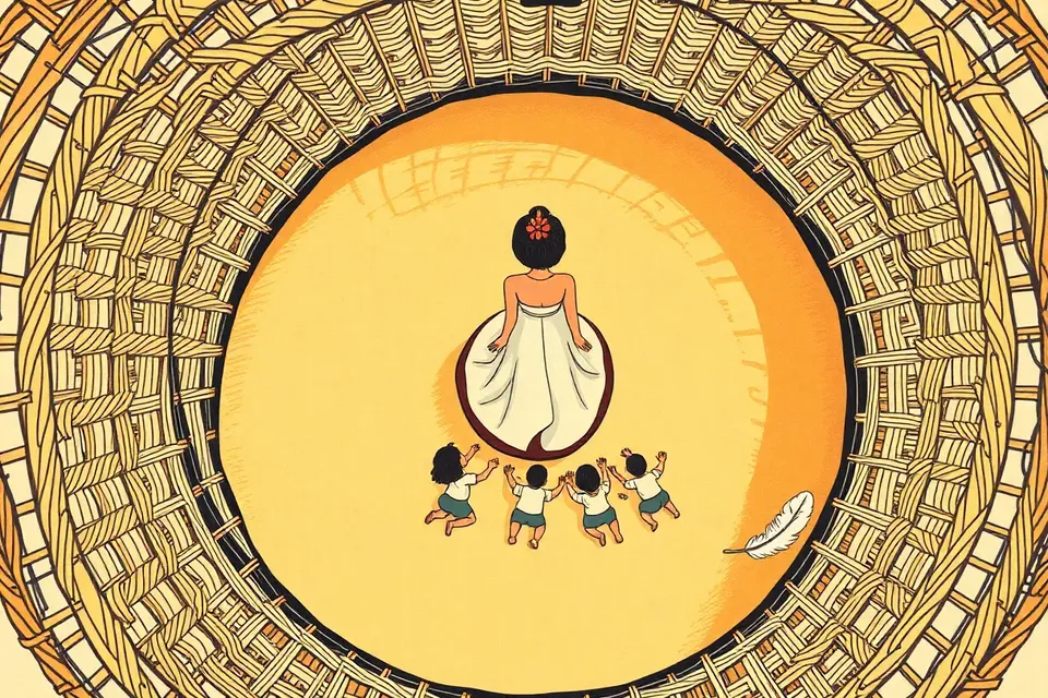 An overhead view of a rattan birdcage containing a central female figure and four kneeling figures, with a single feather near the edge, evoking a sense of entrapment and power dynamics.