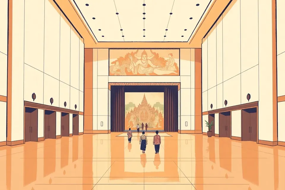 A wide view of a grand modern building interior with a high ceiling and polished floor, a few small figures in traditional Thai clothing walking toward large doors, and a golden mural on the wall.