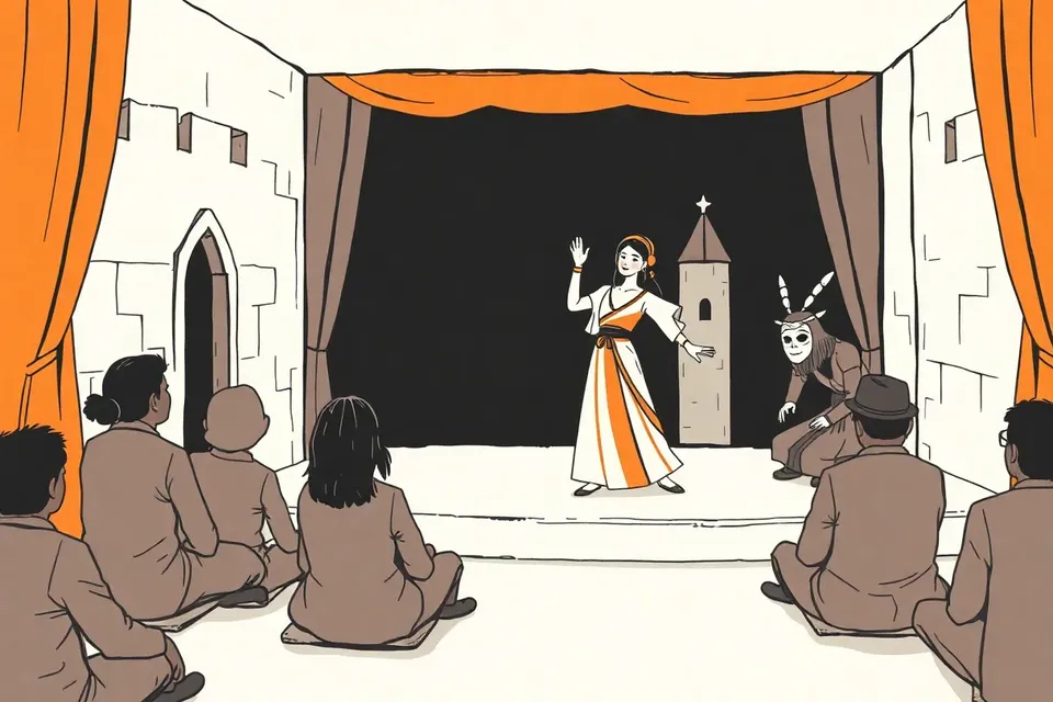 A small theater space with a stage featuring a castle backdrop, a dancer in a hybrid Thai-Western costume, and a crouching masked performer, with a few seated audience members.