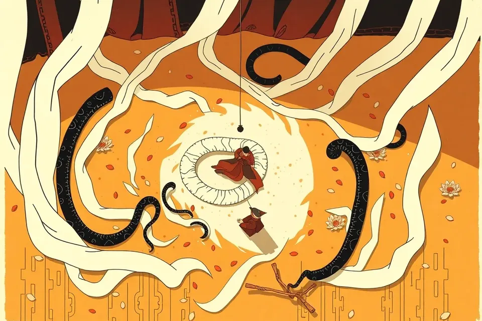 An overhead view of a stage with white ribbons and dark coils forming a spiral, lotus petals, a broken staff, and a red thread connecting two abstract figures.