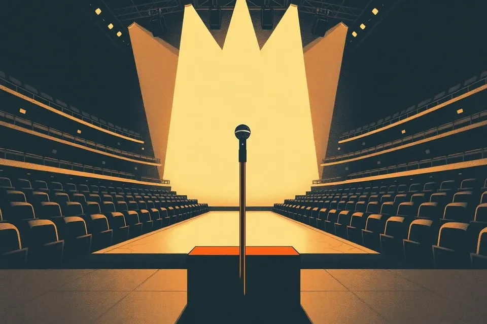 Close-up of a microphone stand on a dark stage, with empty arena seats fading into the background.