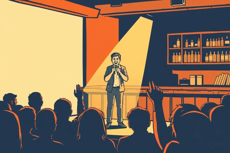 A stylized illustration of a comedian performing on a small stage, with a spotlight and an audience silhouette, set in a cozy bar atmosphere.