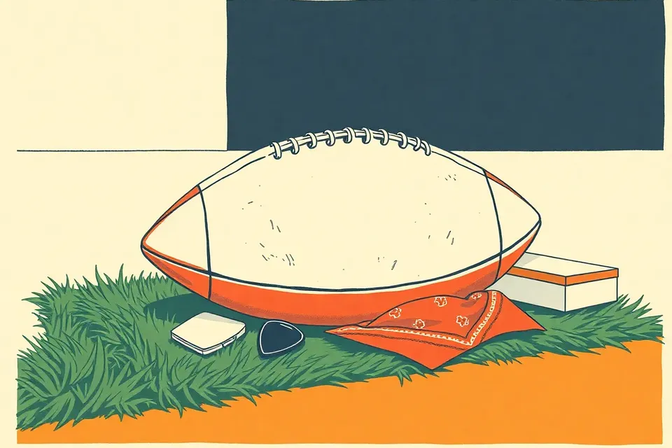 A football on artificial turf with a guitar pick and a donation box nearby, under stage lighting.