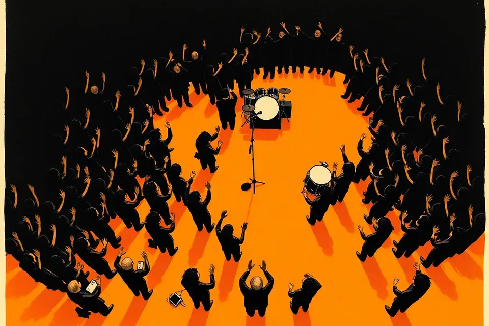 An overhead view of a crowd forming an X with raised arms in a dark venue, with a microphone and drum kit on stage below.