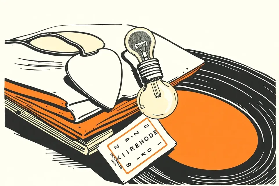 A still life arrangement of a guitar pick, vinyl records, an unlit stage light bulb, and a crumpled ticket stub, evoking a music concert.