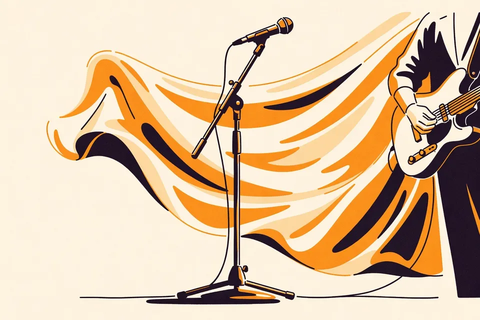 Close-up of a microphone stand on stage, with a shimmering fabric backdrop and a guitar neck visible at the edge.