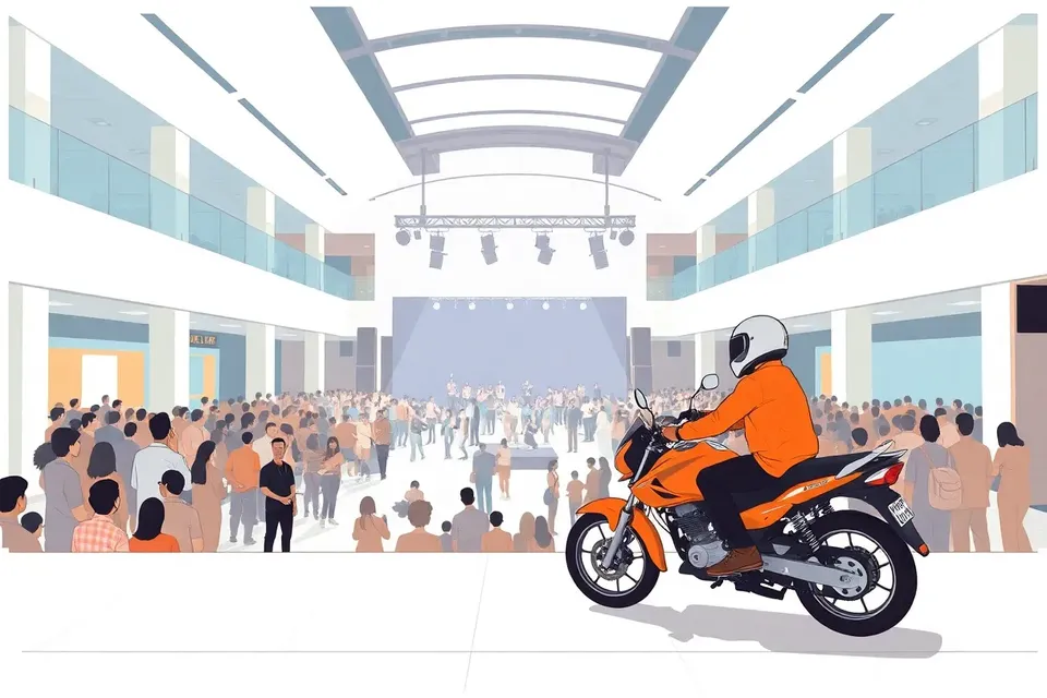 A wide shot of an indoor concert venue with a crowd watching a stage, and a person on a motorcycle parked at the edge.