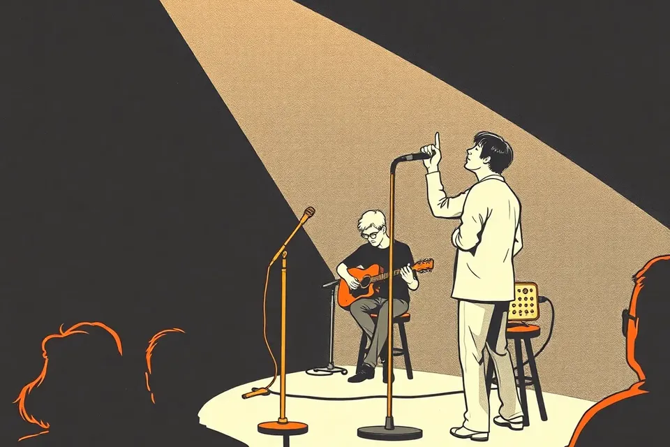 A stylized illustration of a singer at a microphone with a guitarist seated behind, in a dark, intimate venue with a small audience silhouetted.