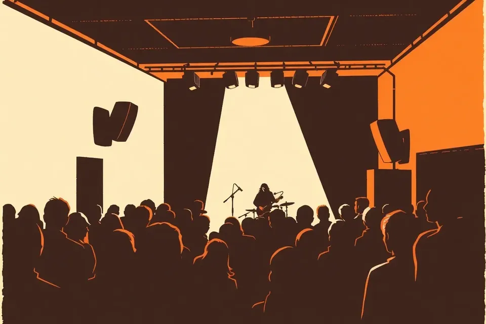 A dimly lit concert venue with a small audience standing close together, facing a stage where a band plays, surrounded by hazy atmospheric light and long shadows.