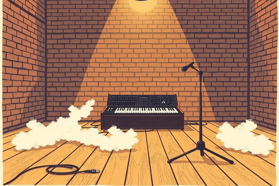A vintage synthesizer on a dark stage, surrounded by haze, with a microphone stand in the foreground and a brick wall in the background.