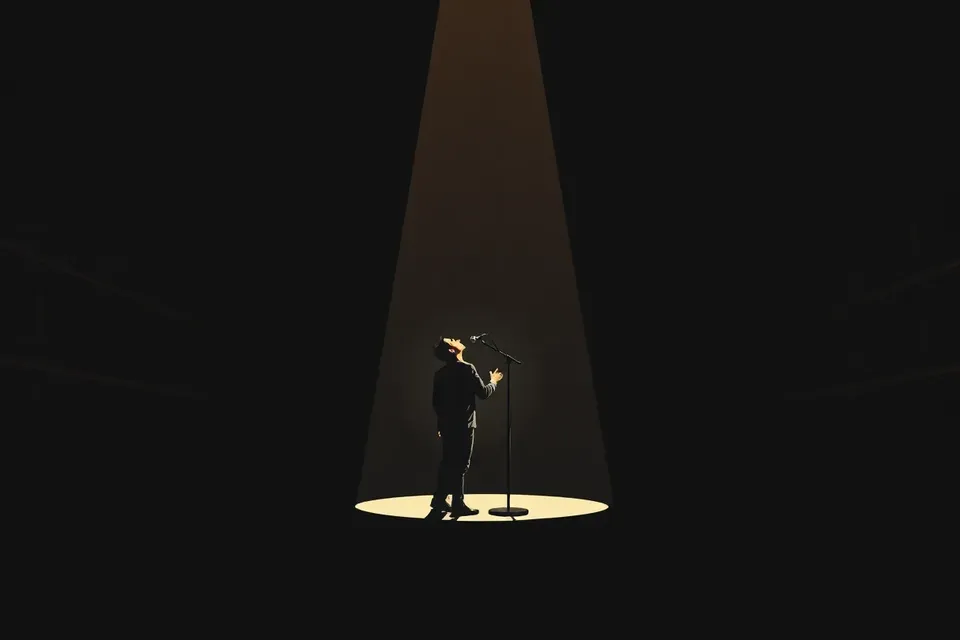 A stylized illustration of a solo singer on a dark stage, spotlight shining down, with faint balconies in the background, evoking a late-night concert atmosphere.
