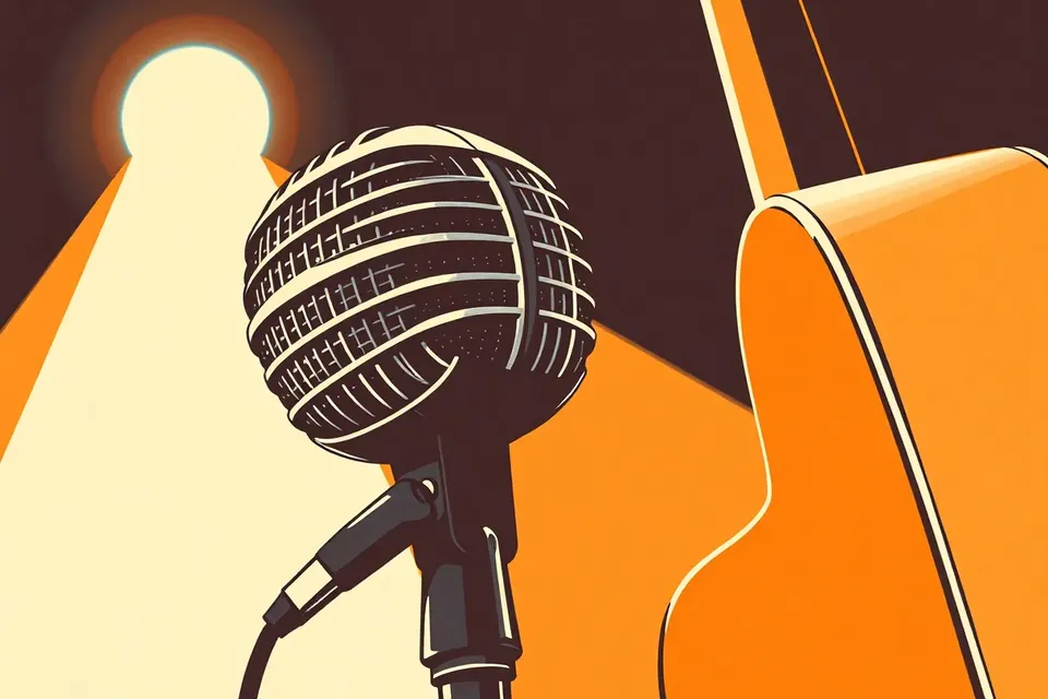 Close-up of a microphone on a stand with red tape, stage light glow in background, guitar neck visible at edge.