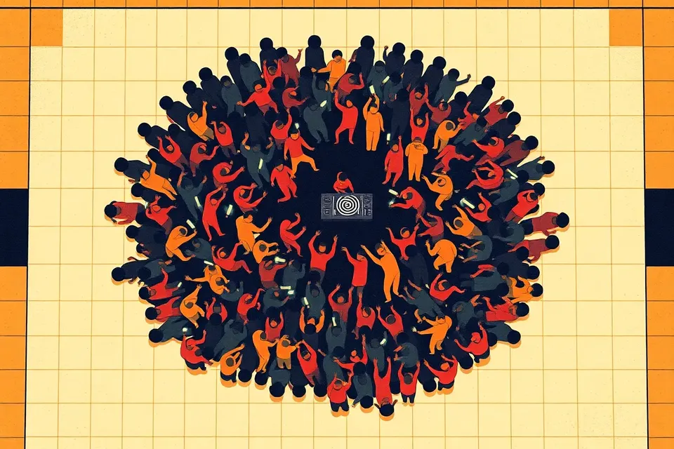 Overhead view of a crowded dance floor at a nightclub, with a glowing DJ booth at the center and raised arms and glow sticks forming a swirling pattern, framed by geometric floor tiles.