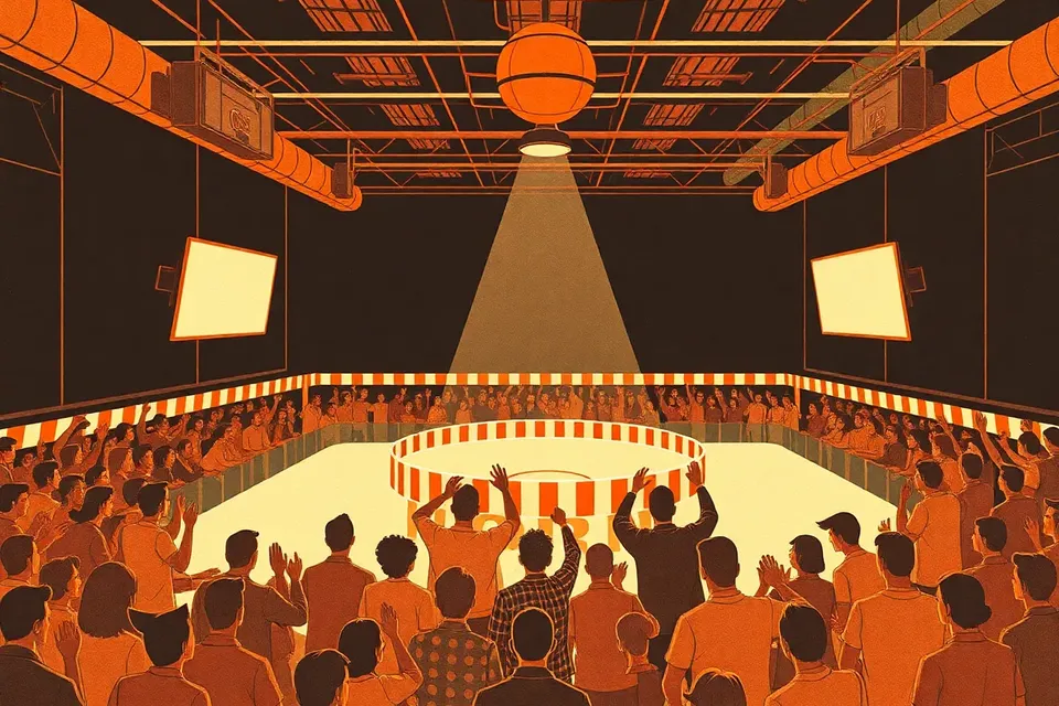 A wide shot of a dark, industrial venue with a glowing sports ring, surrounded by cheering silhouetted figures, some holding trophies, evoking a lively nightlife sports event.