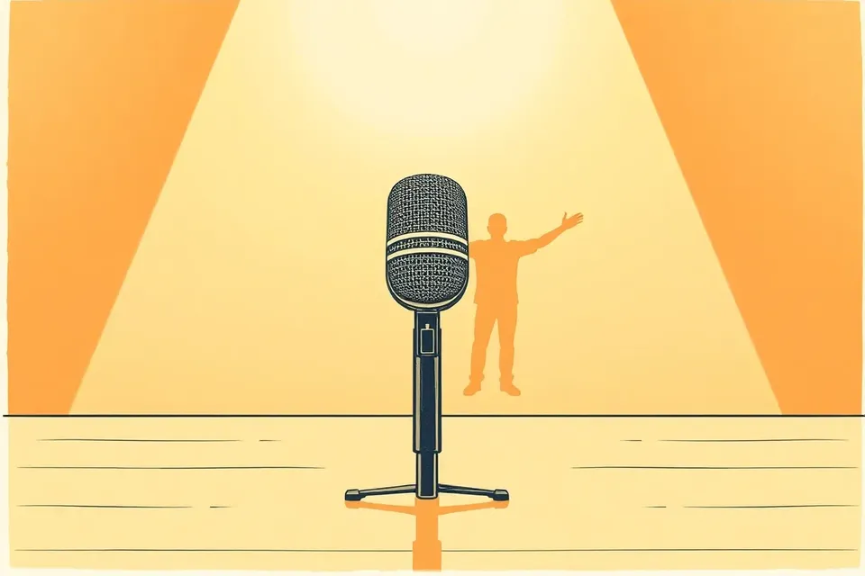 A microphone on a stand under a spotlight on an empty stage, with a blurred figure in the background.