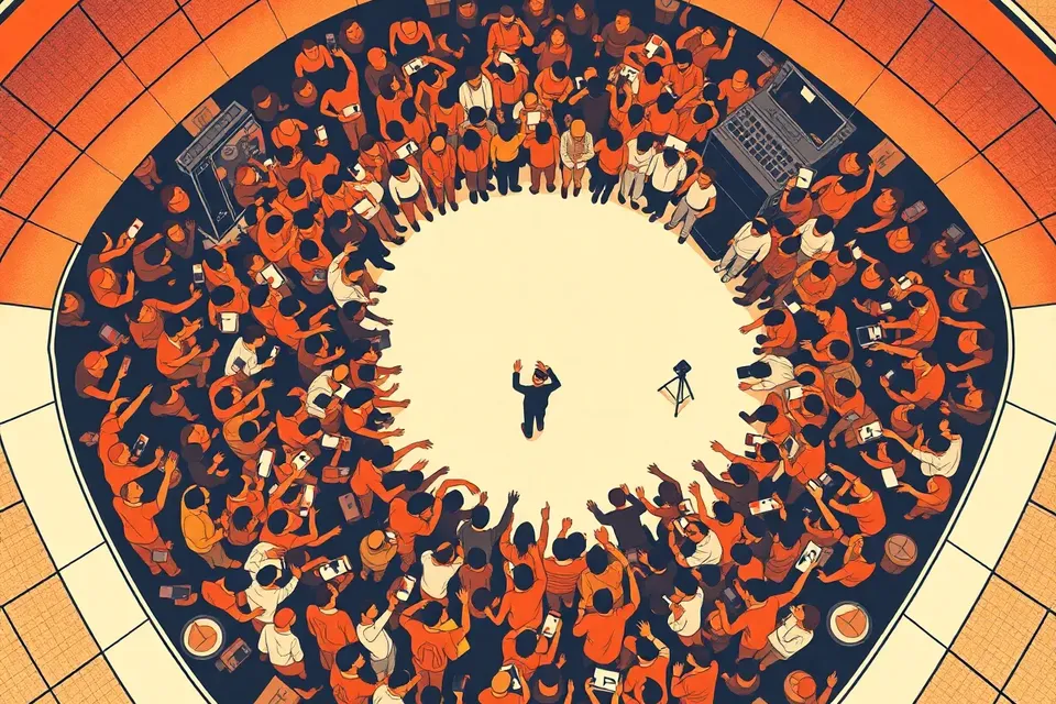 An overhead illustration of a concert crowd gathered around a central stage, with some figures moving toward a photo booth, conveying excitement and anticipation.