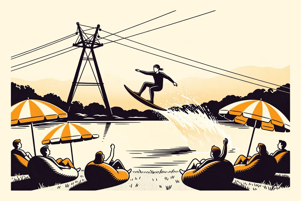 A wide view of a wake park with a rider jumping over a lake, surrounded by spectators on the shore under umbrellas.