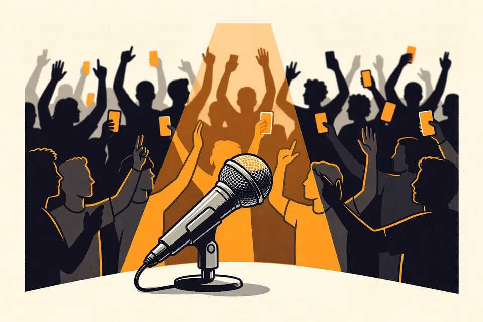 A close-up of a silver microphone on a dark stage, with blurred silhouettes of an audience raising their hands and phones in the background.