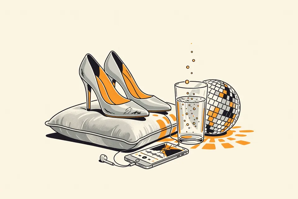 A still life with silver stiletto heels on a velvet cushion, a cracked smartphone with a white earbud, and a half-empty glass of sparkling water reflecting light from a disco ball fragment.